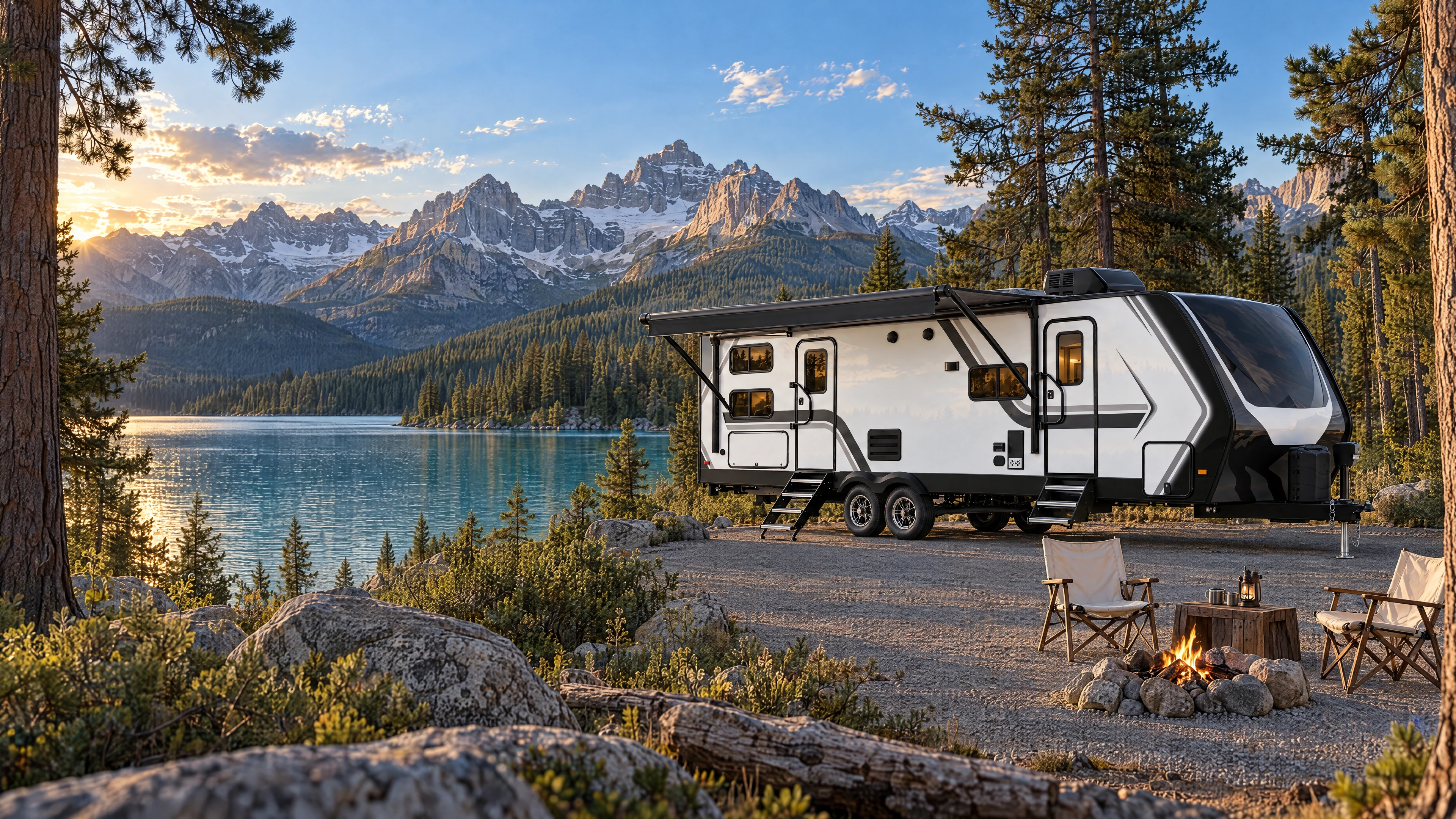 A travel trailer at a lakeside campsite, featured in an illustrative follow-up message