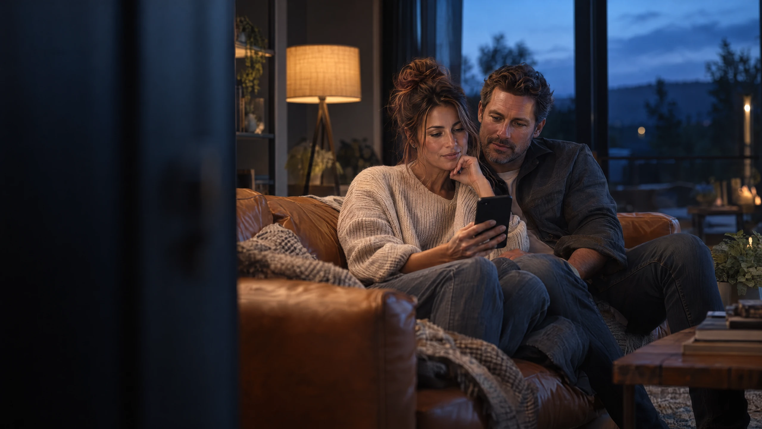 A couple considering their next adventure while browsing a phone at home