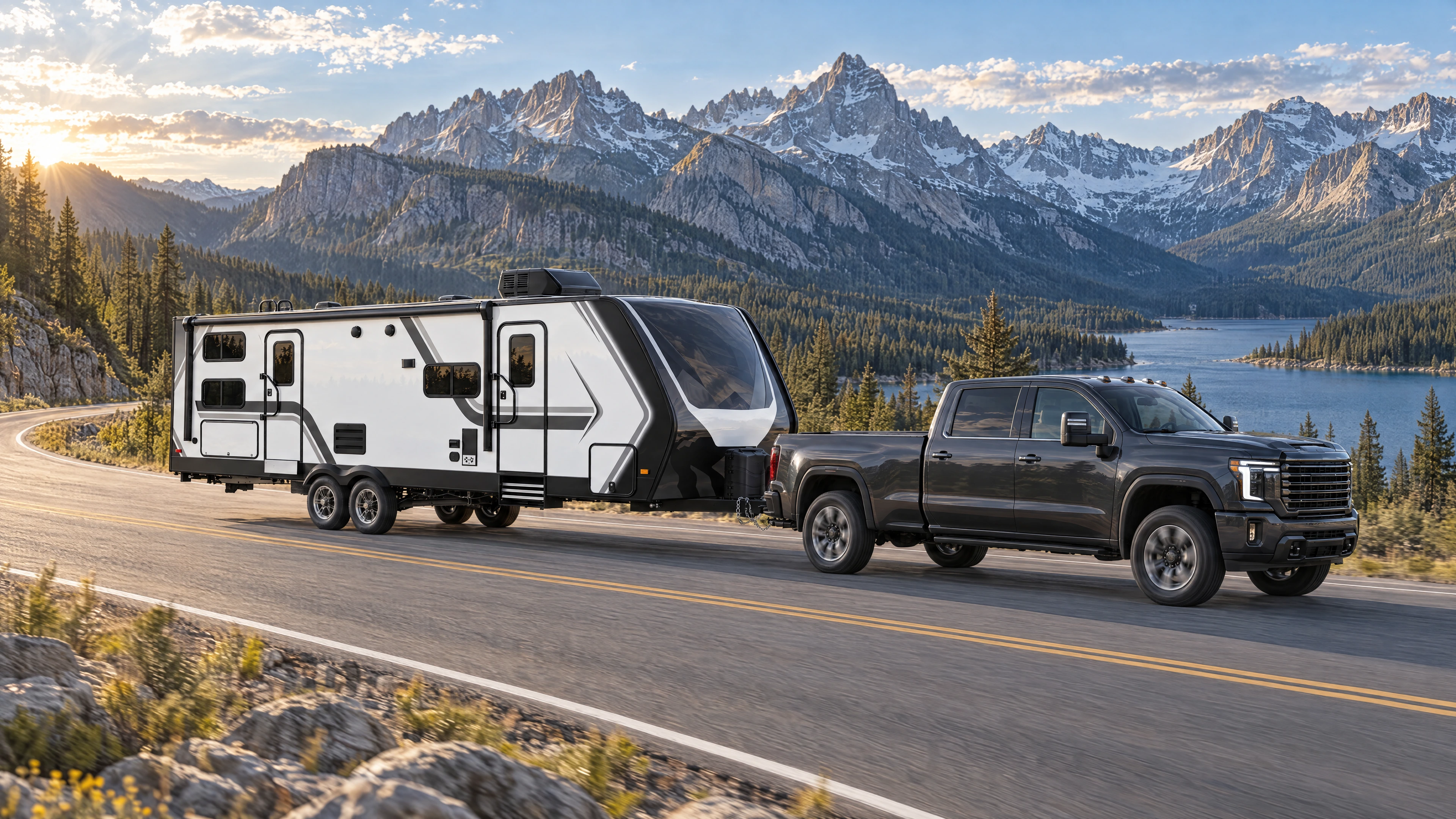 A modern travel trailer heading down a mountain road toward its next adventure