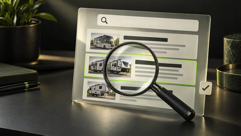 Concept illustration of a magnifying glass reviewing RV search advertisements