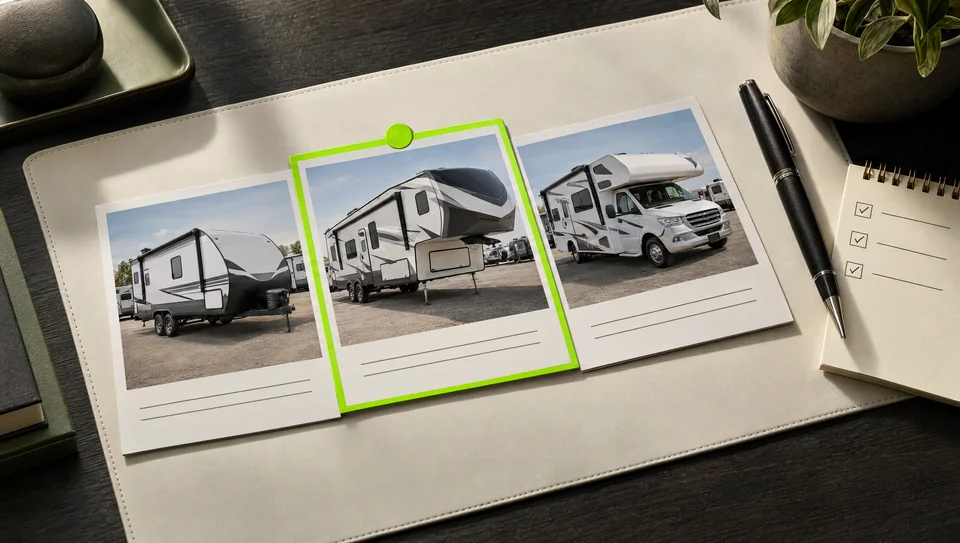 Inventory planning cards featuring a travel trailer, fifth wheel, and motorhome, with a priority unit highlighted