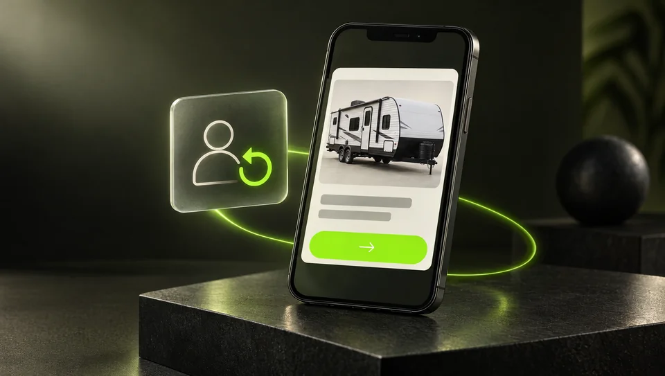 Concept illustration of a returning shopper signal connected to an RV offer on a phone