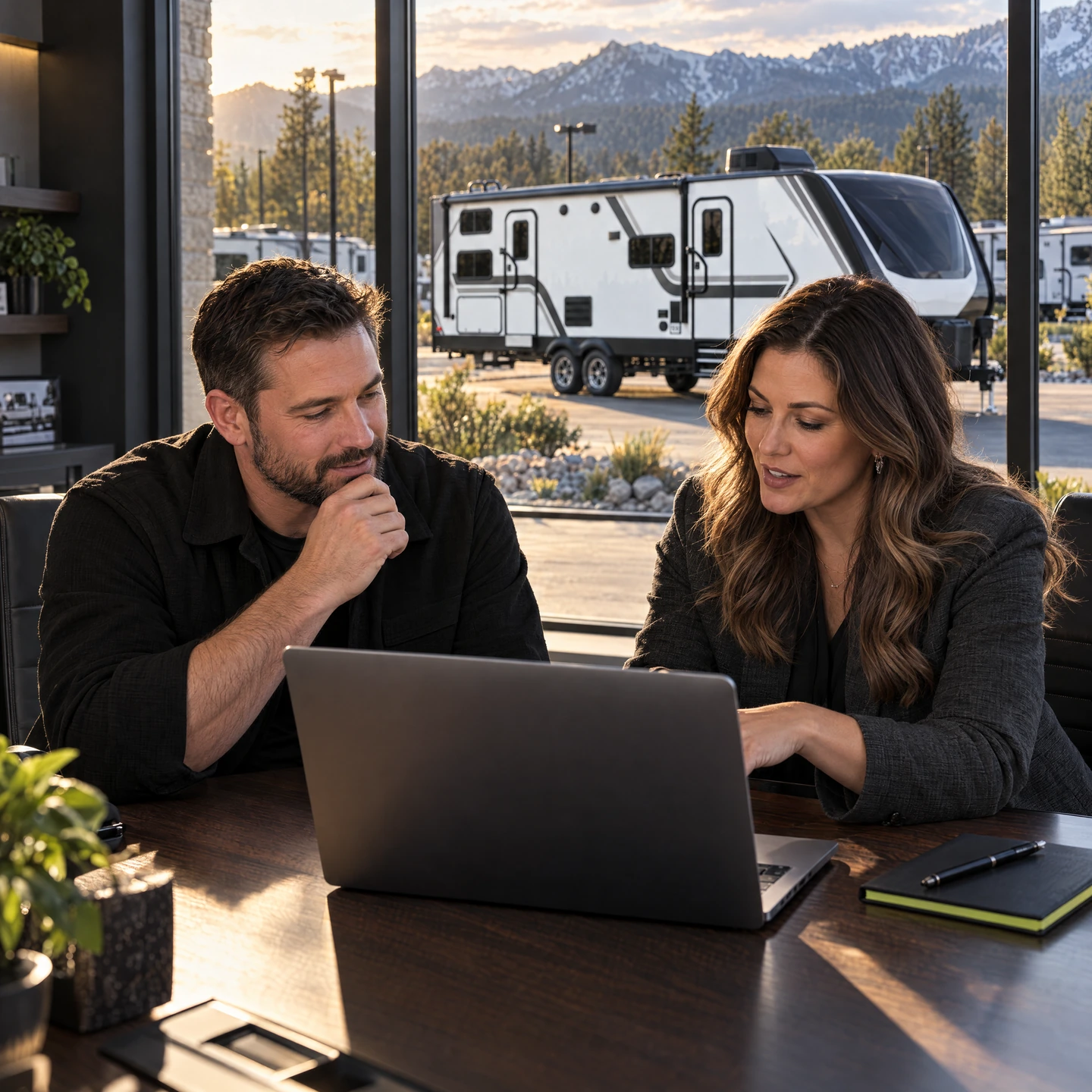 Illustrative dealership strategy conversation with an RV visible beyond the office window
